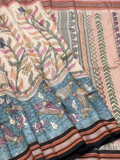 Vidharbha Tussar Silk Penkalamkari Saree - Fish Motifs Pond Pichwai Theme