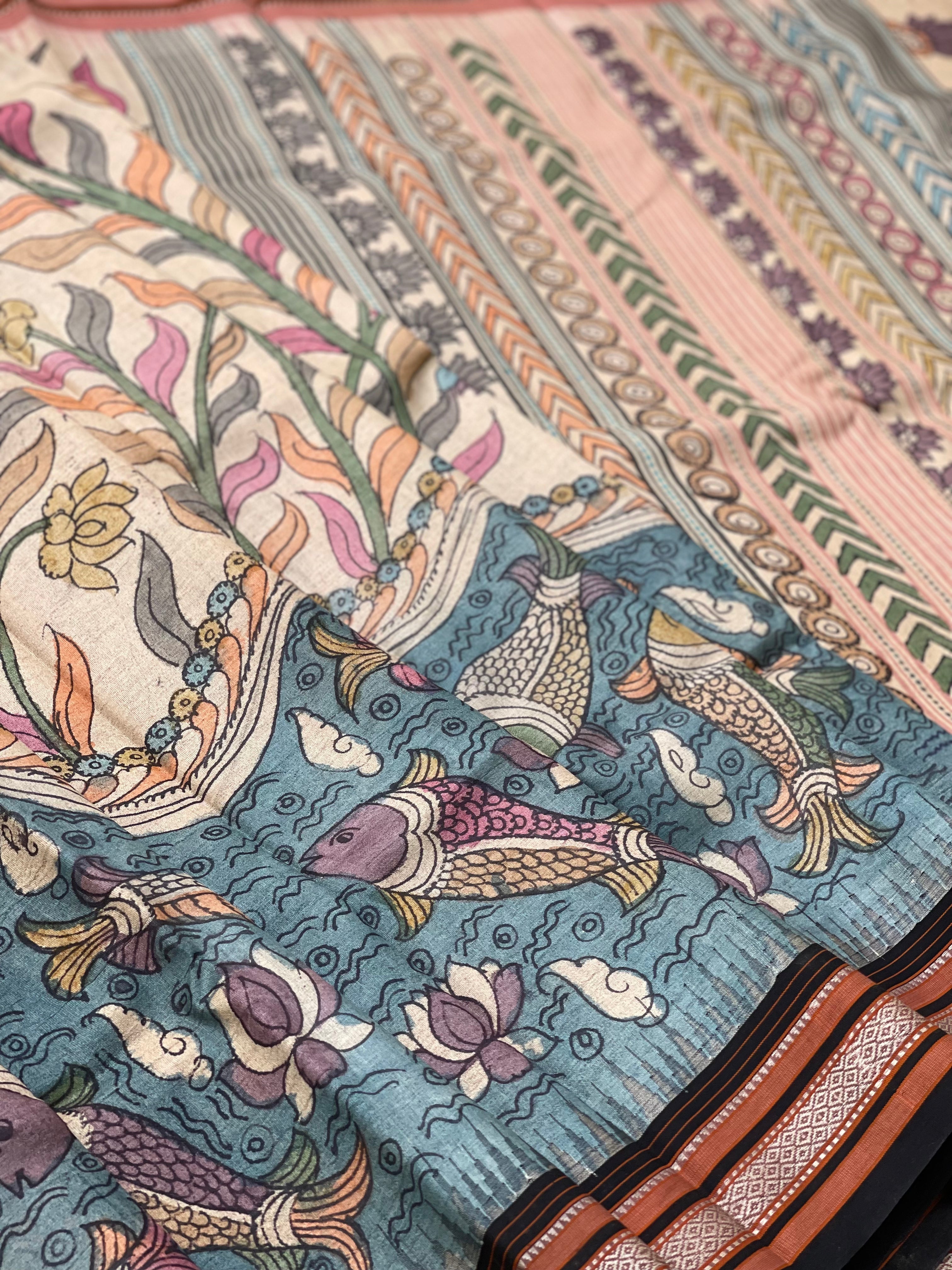 Vidharbha Tussar Silk Penkalamkari Saree - Fish Motifs Pond Pichwai Theme