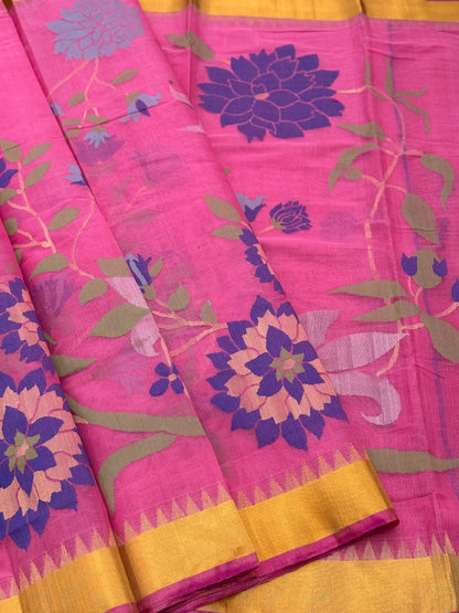 A gorgeous baby pink colour all over jaal weave organic handwoven ponduru Khadhi cotton Jamdani saree