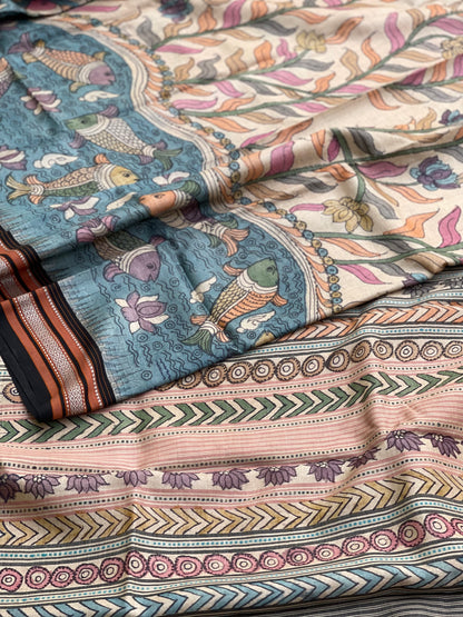 Vidharbha Tussar Silk Penkalamkari Saree - Fish Motifs Pond Pichwai Theme