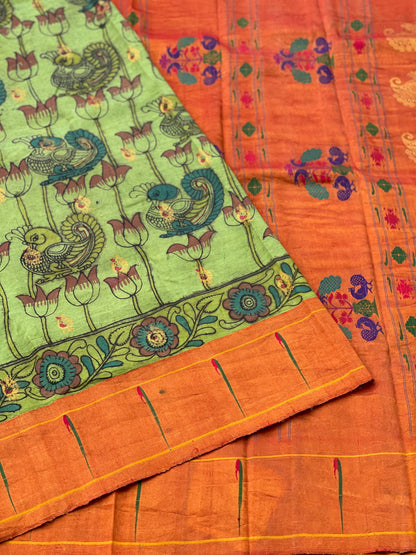 HandDrawn And HandPainted Penkalamkari In pastel pista green Paithani Silk Saree