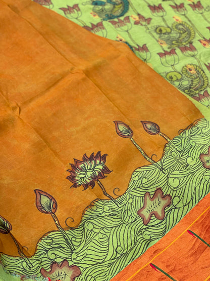 HandDrawn And HandPainted Penkalamkari In pastel pista green Paithani Silk Saree