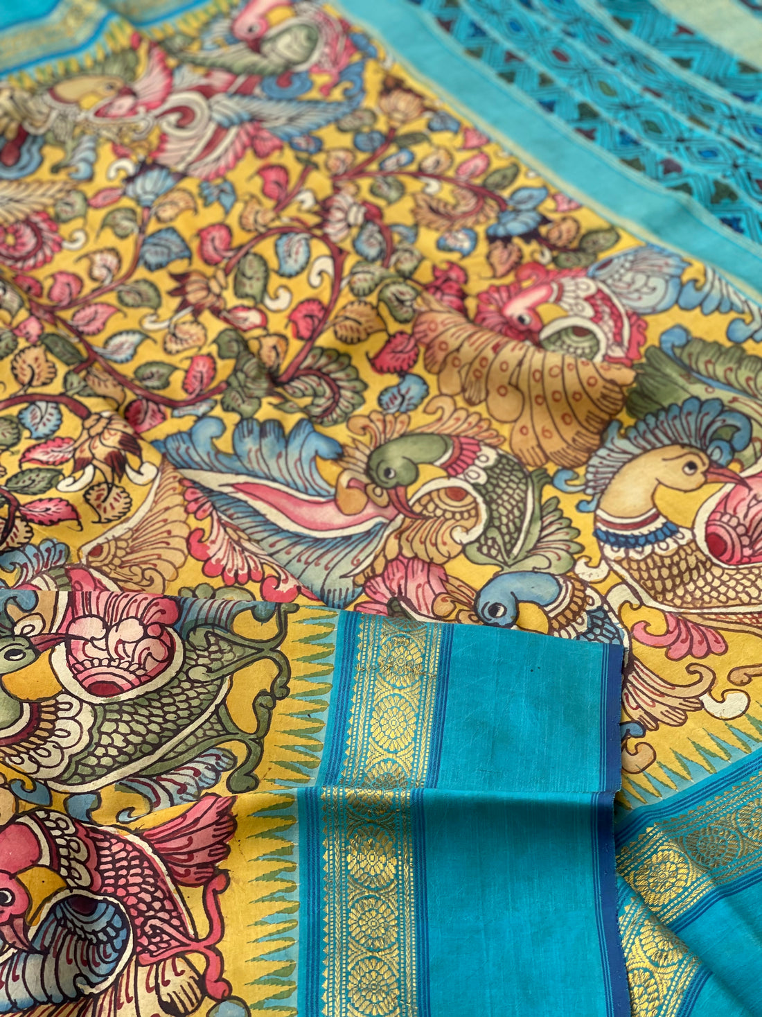 Complete Hand Drawn And Hand Painted Penkalamkari In Kanchivaram Silk Saree