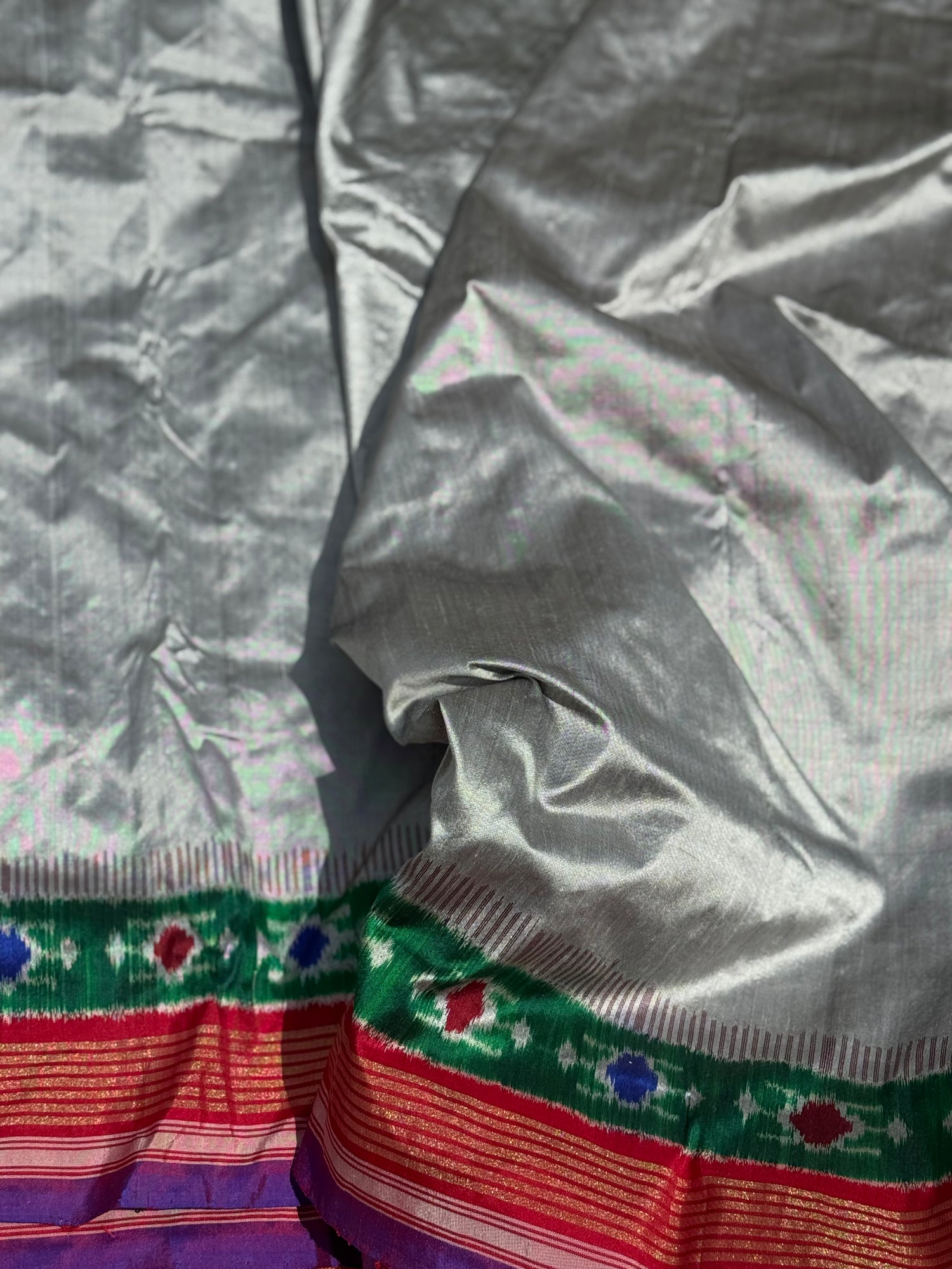 Metallic grey Designer Cut Brand Exclusive Uzbek Inspired Silk Ikkat Saree