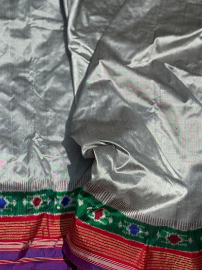 Metallic grey Designer Cut Brand Exclusive Uzbek Inspired Silk Ikkat Saree