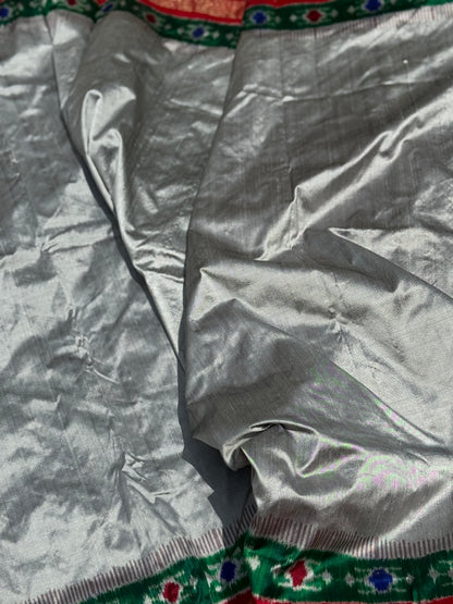 Metallic grey Designer Cut Brand Exclusive Uzbek Inspired Silk Ikkat Saree