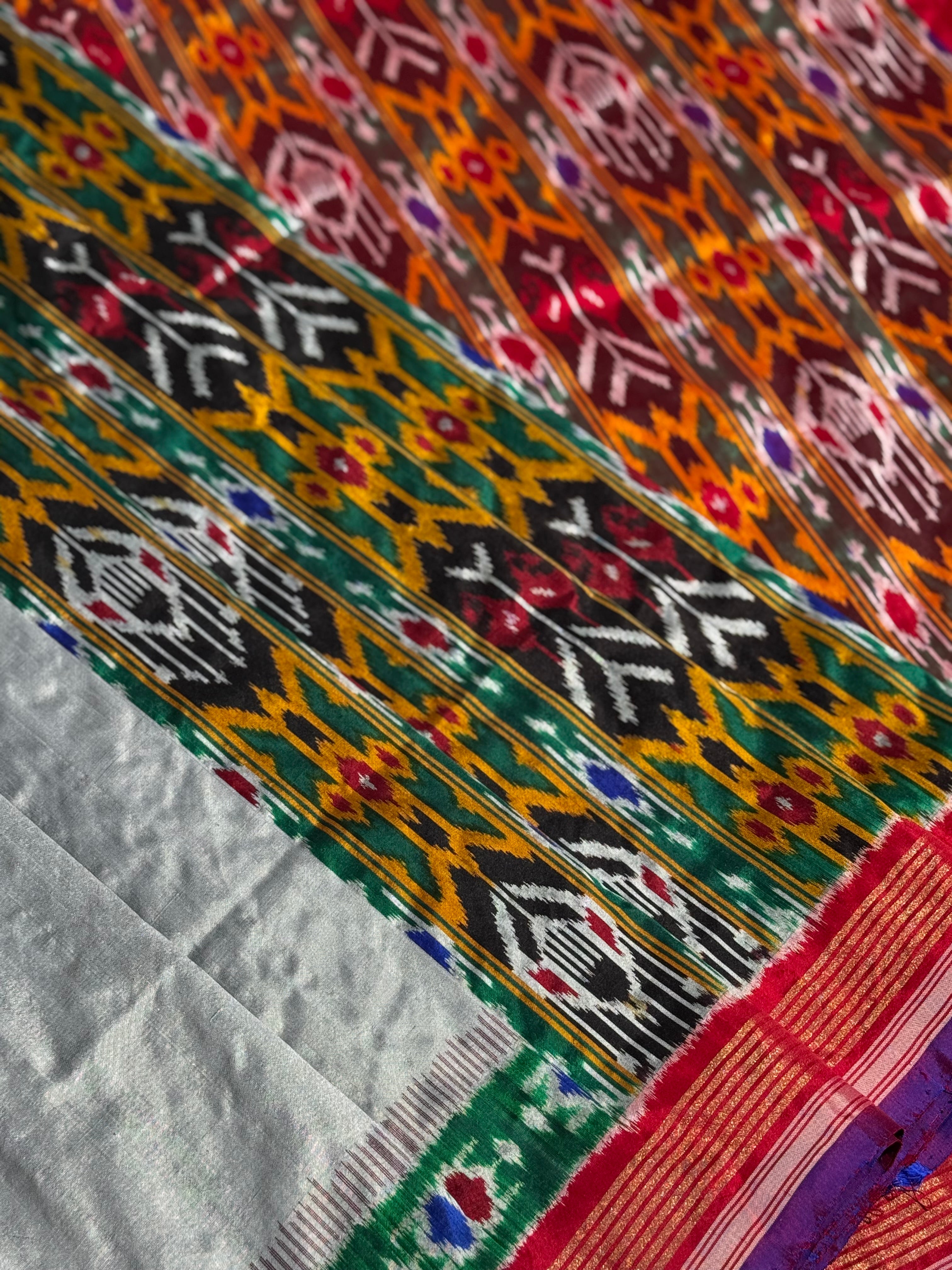 Metallic grey Designer Cut Brand Exclusive Uzbek Inspired Silk Ikkat Saree