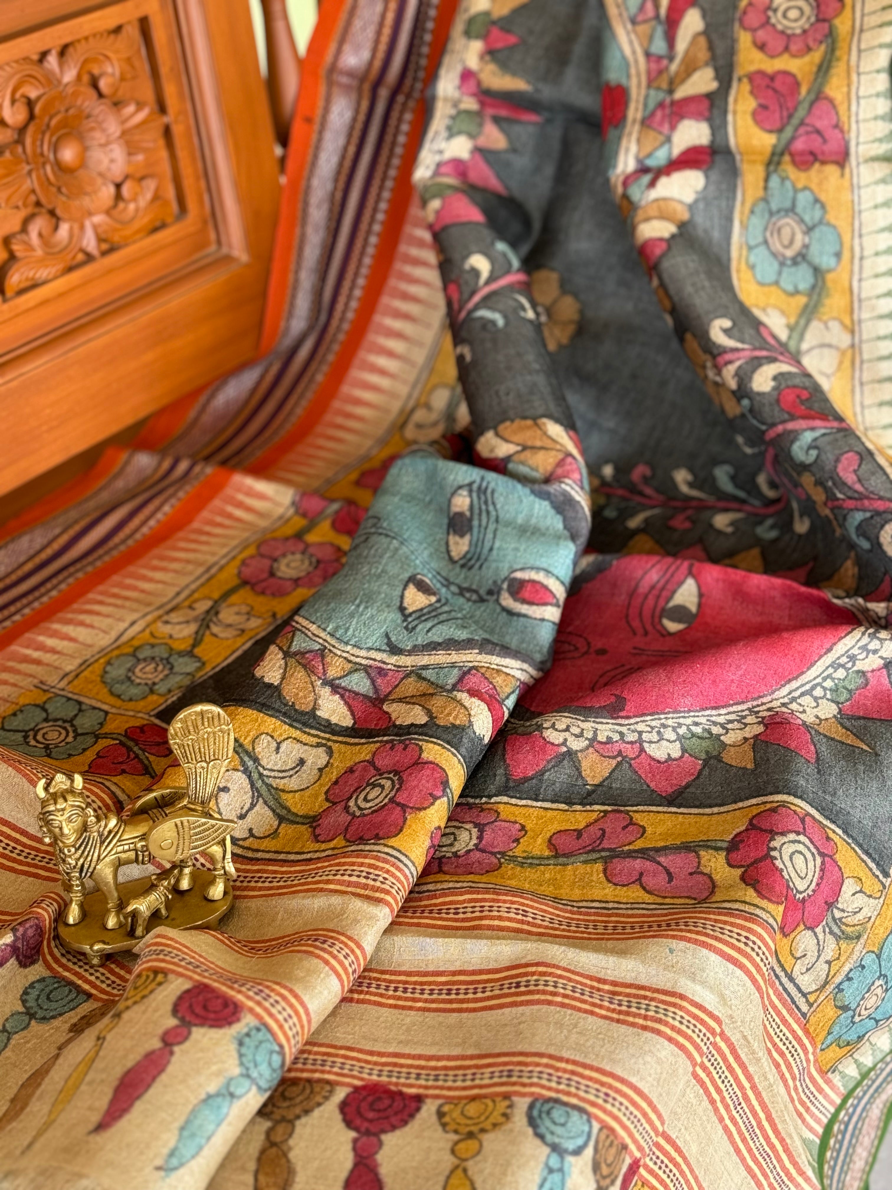 Handdrawn Handpainted Penkalamkari Dupatta on Karvati Kinar Tussar silk