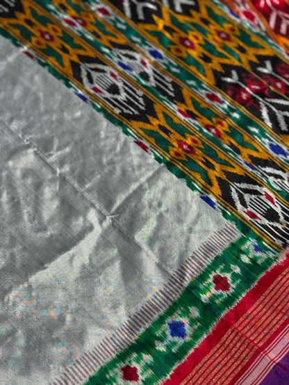 Metallic grey Designer Cut Brand Exclusive Uzbek Inspired Silk Ikkat Saree
