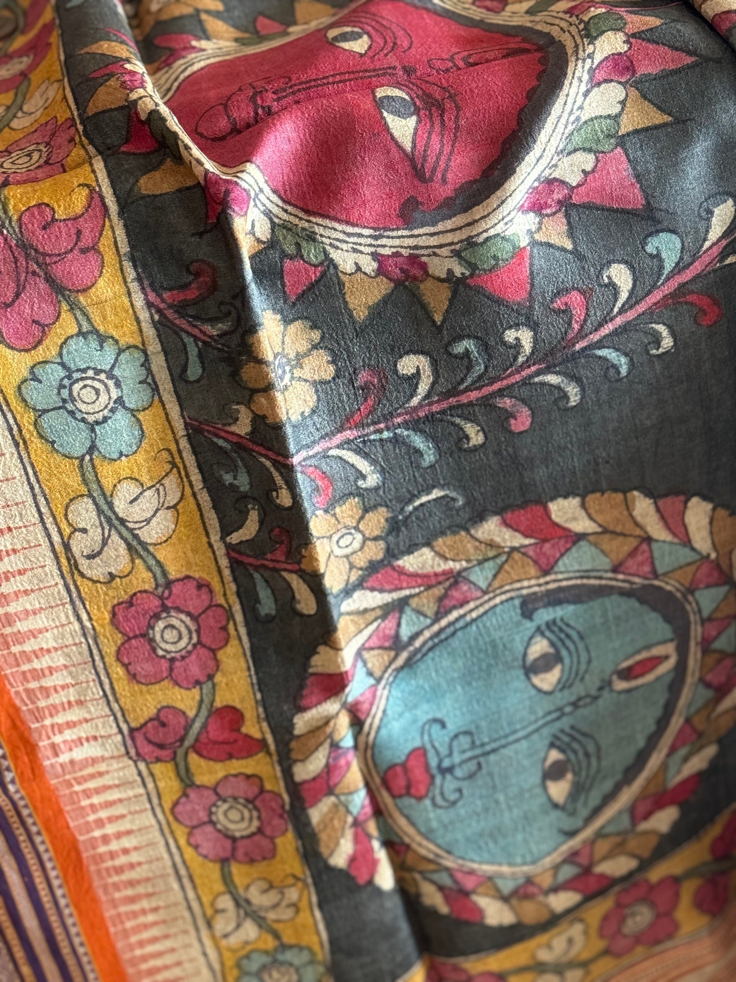 Handdrawn Handpainted Penkalamkari Dupatta on Karvati Kinar Tussar silk