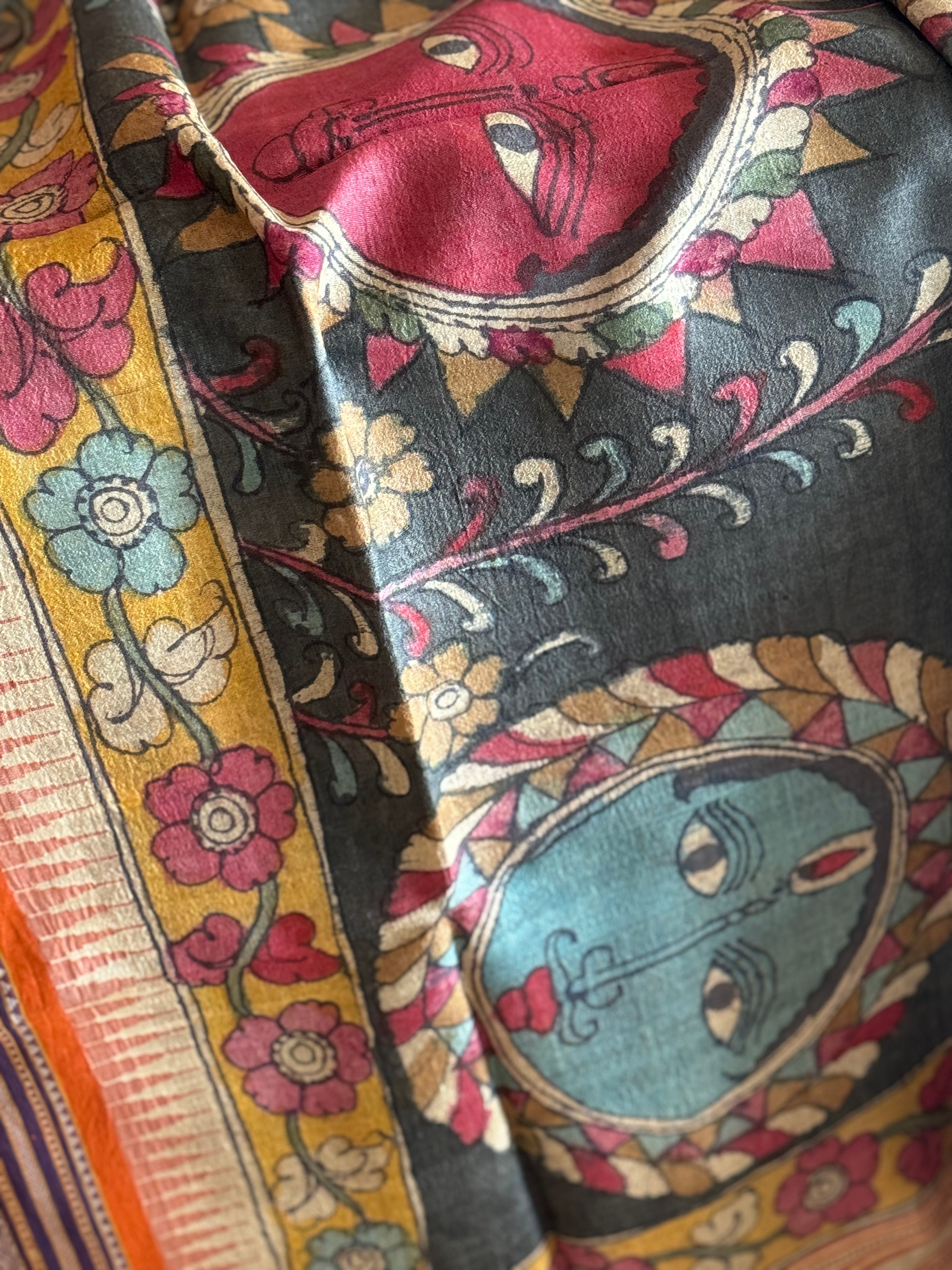 Handdrawn Handpainted Penkalamkari Dupatta on Karvati Kinar Tussar silk
