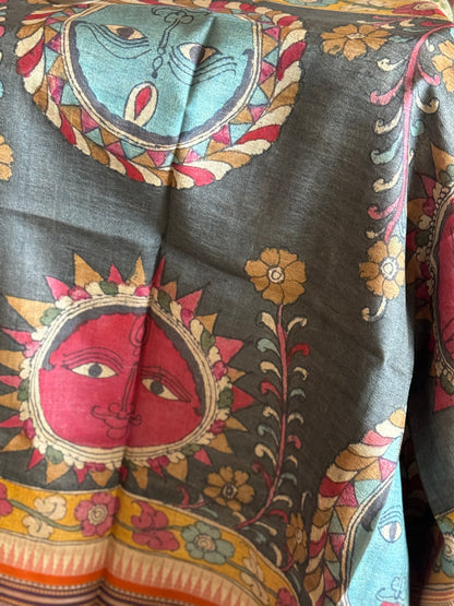 Handdrawn Handpainted Penkalamkari Dupatta on Karvati Kinar Tussar silk