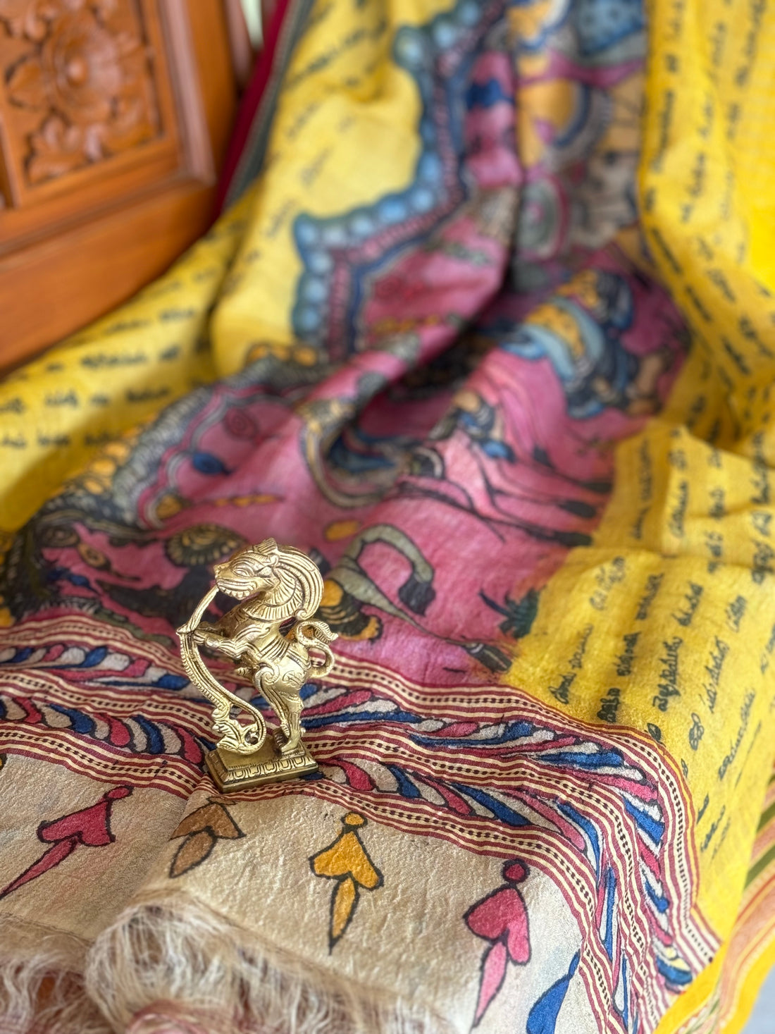Dasavatharam Handdrawn Handpainted Penkalamkari Dupatta on Karvati Kinar Tussar silk