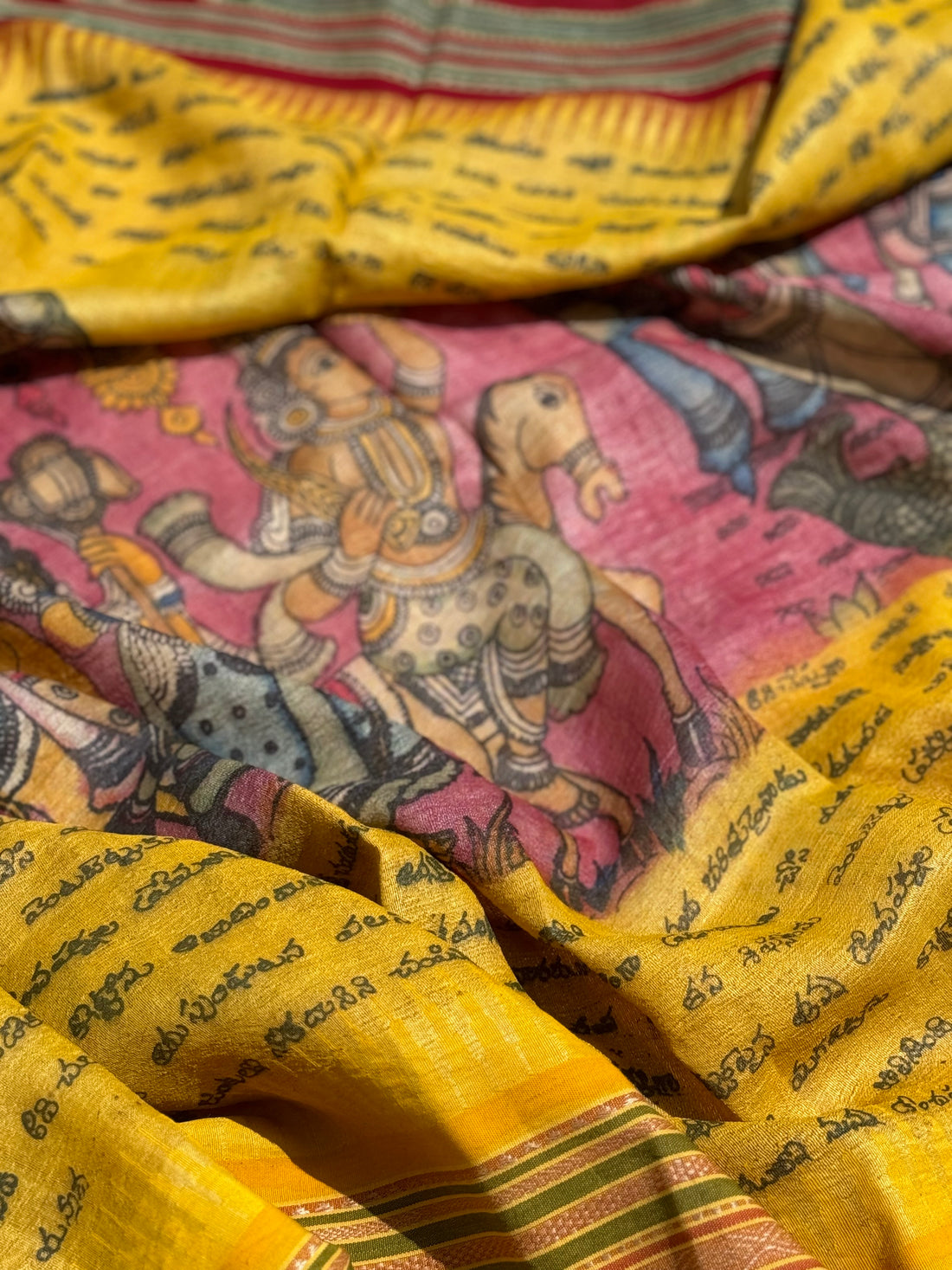 Dasavatharam Handdrawn Handpainted Penkalamkari Dupatta on Karvati Kinar Tussar silk