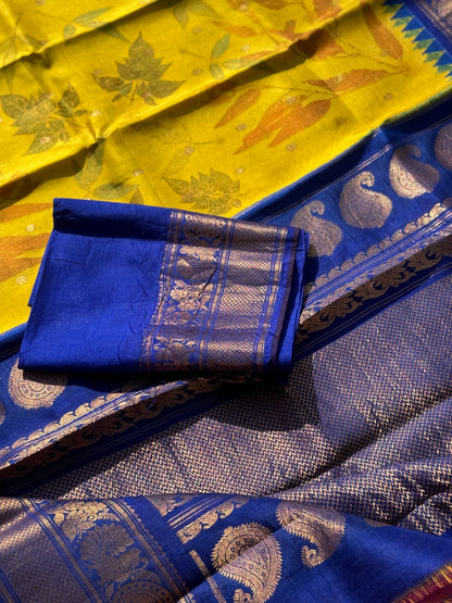 An yellow with royalblue Natural Handmade Ecoprints Gadwal silk saree