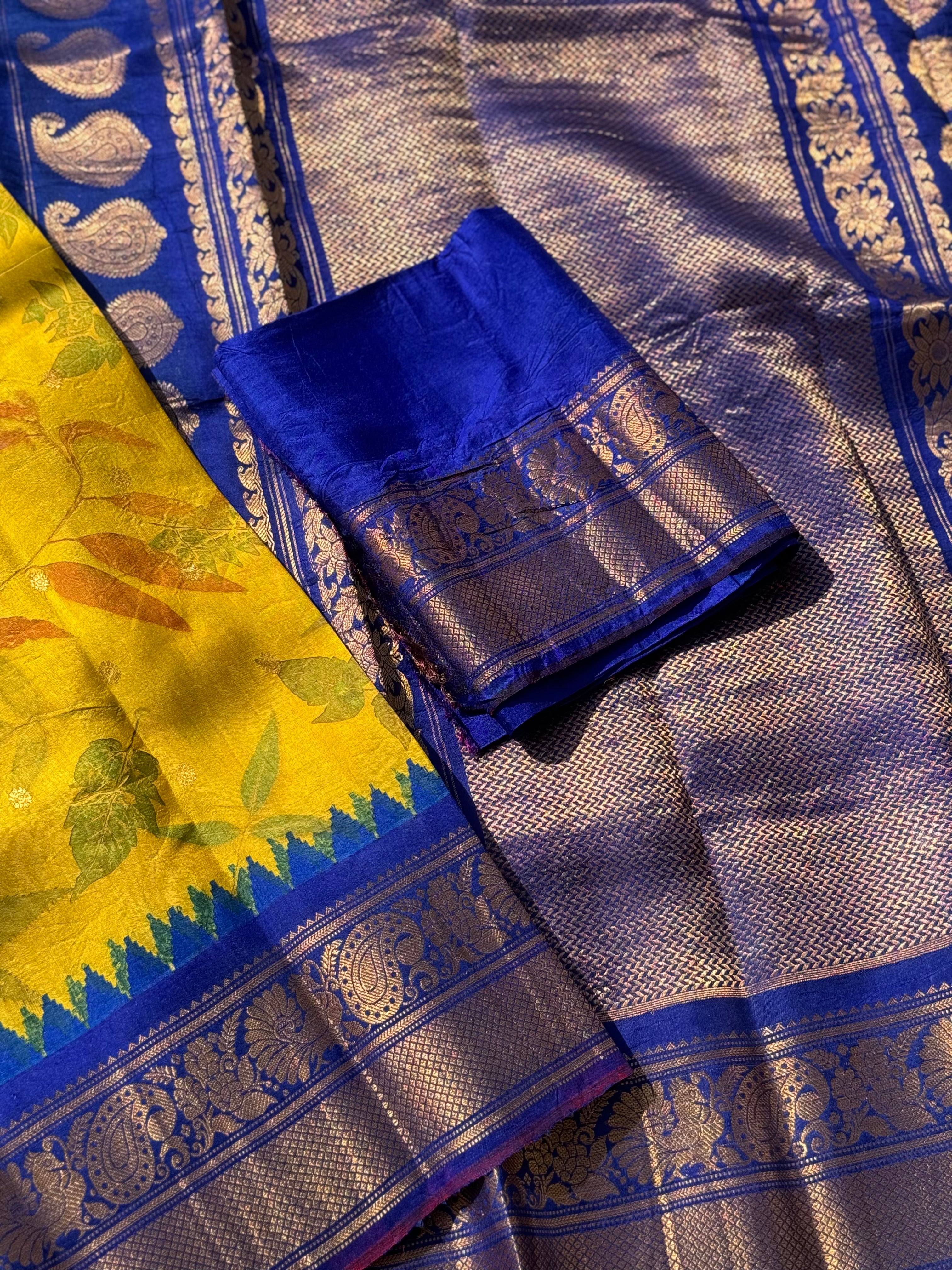 An yellow with royalblue Natural Handmade Ecoprints Gadwal silk saree