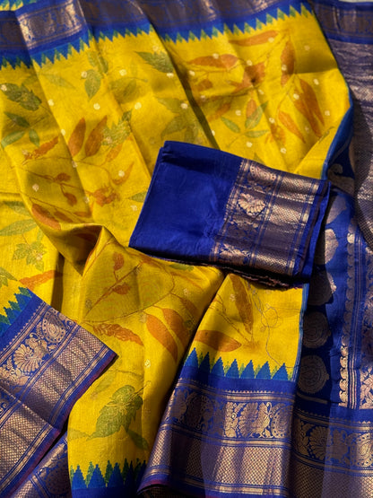 An yellow with royalblue Natural Handmade Ecoprints Gadwal silk saree