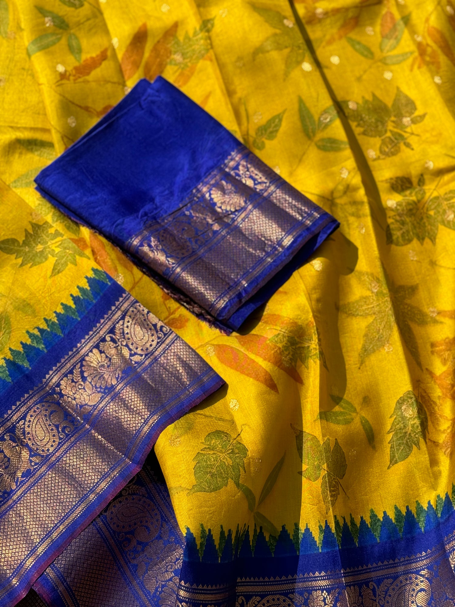 An yellow with royalblue Natural Handmade Ecoprints Gadwal silk saree