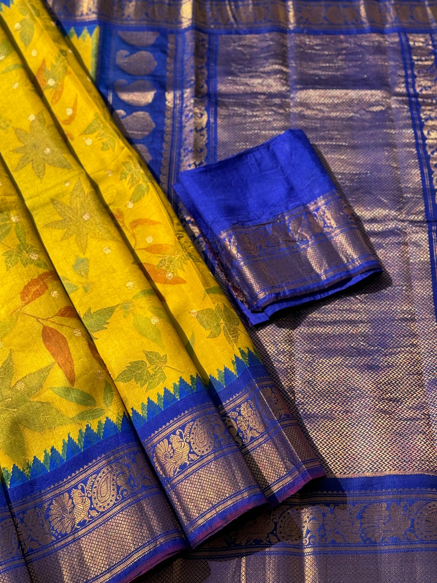 An yellow with royalblue Natural Handmade Ecoprints Gadwal silk saree