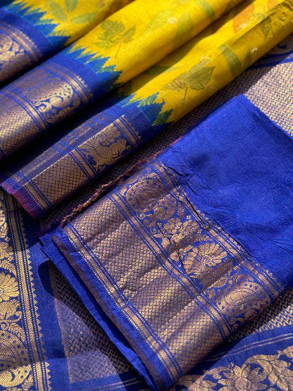 An yellow with royalblue Natural Handmade Ecoprints Gadwal silk saree