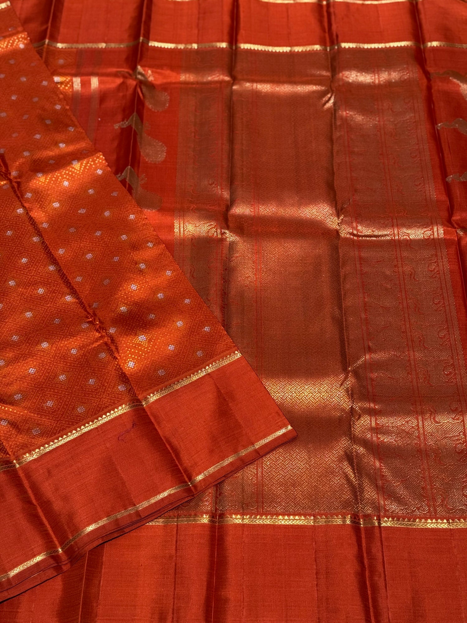 An awe inspiring masterpiece rustic orange shade bhandini inspired kanchivaram silk saree masterpiece