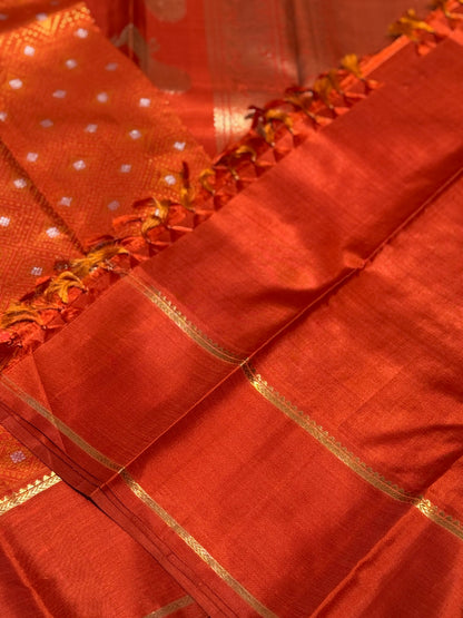 An awe inspiring masterpiece rustic orange shade bhandini inspired kanchivaram silk saree masterpiece
