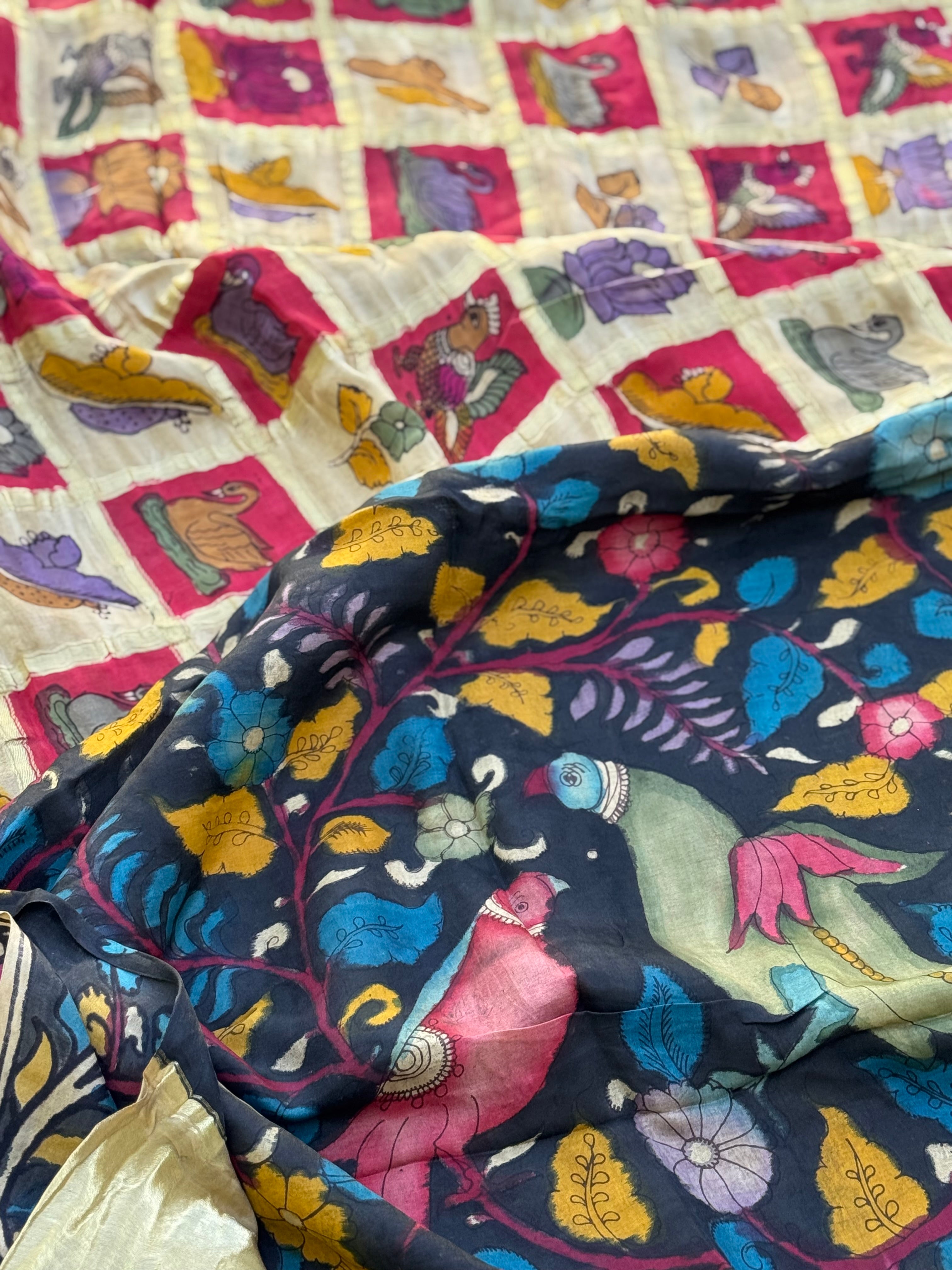 The exquisite Gharchola gajji silk pure handwoven adorned with flora fauna Handdrawn handpainted penkalamkari
