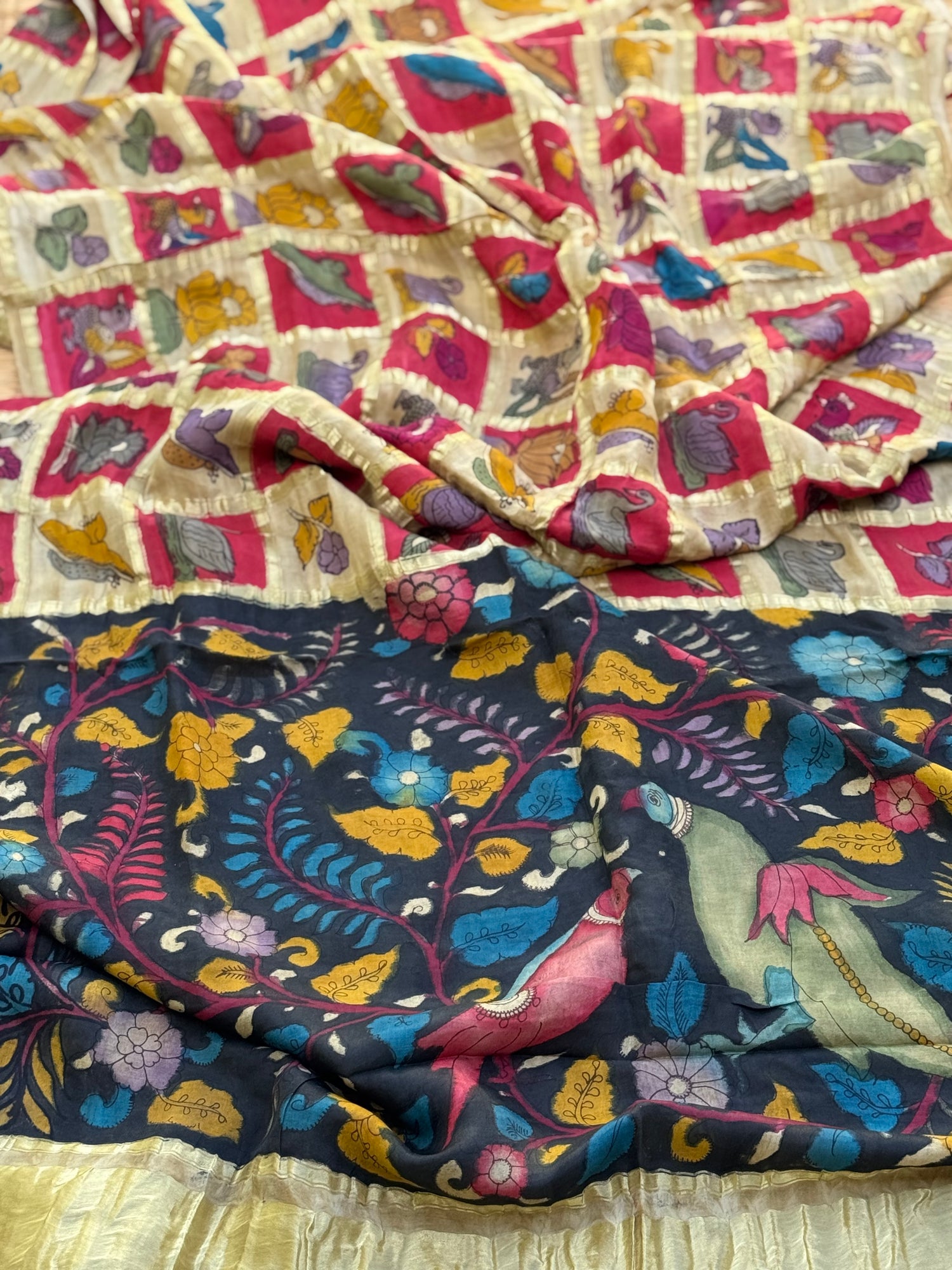 The exquisite Gharchola gajji silk pure handwoven adorned with flora fauna Handdrawn handpainted penkalamkari