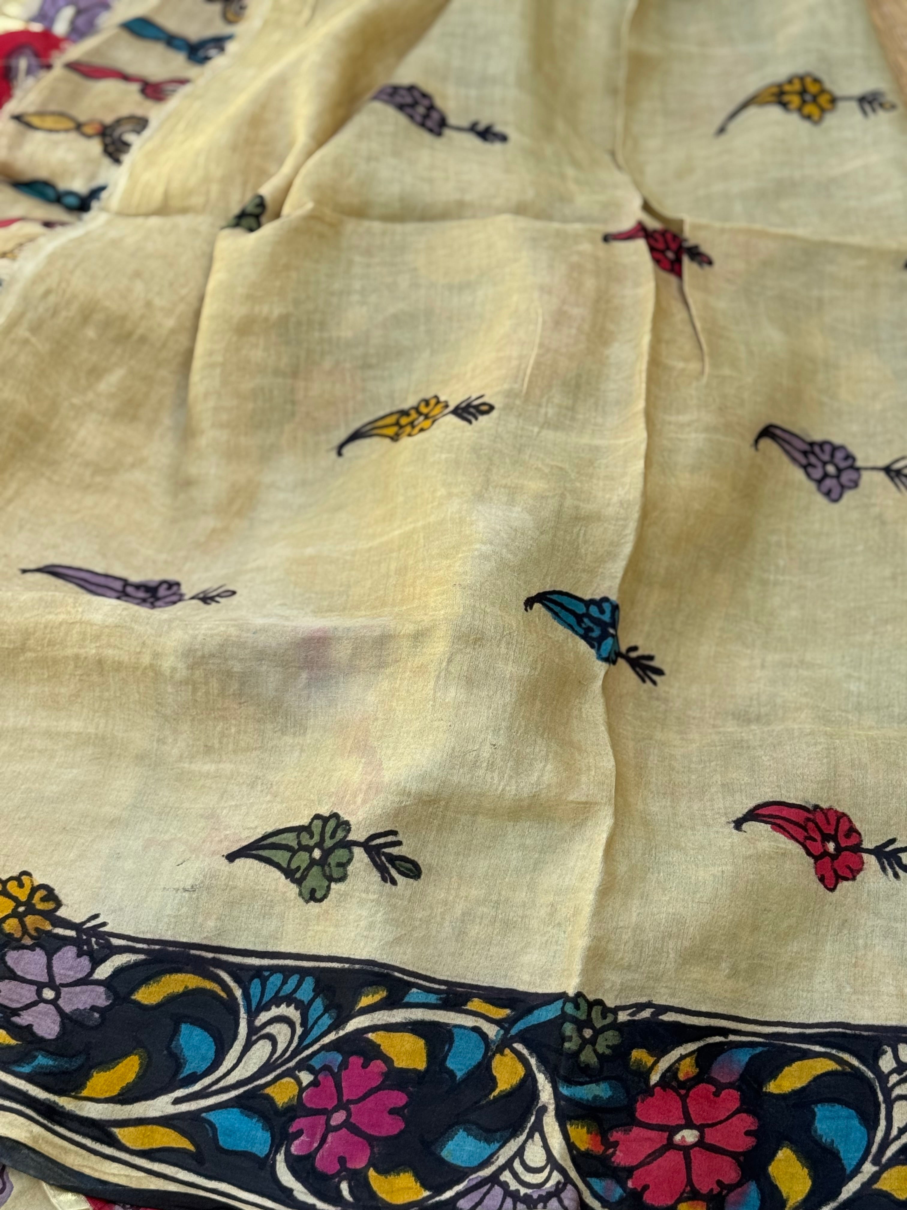 The exquisite Gharchola gajji silk pure handwoven adorned with flora fauna Handdrawn handpainted penkalamkari