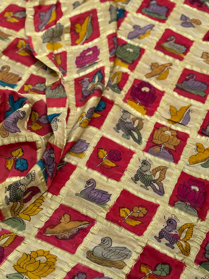 The exquisite Gharchola gajji silk pure handwoven adorned with flora fauna Handdrawn handpainted penkalamkari