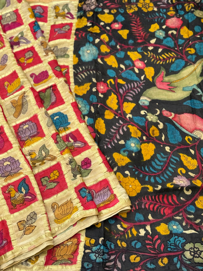 The exquisite Gharchola gajji silk pure handwoven adorned with flora fauna Handdrawn handpainted penkalamkari