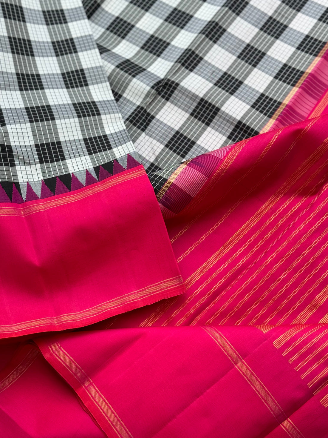 A stunner handwoven no zari burberry or lungi checks Korvai kanchivaram silk saree