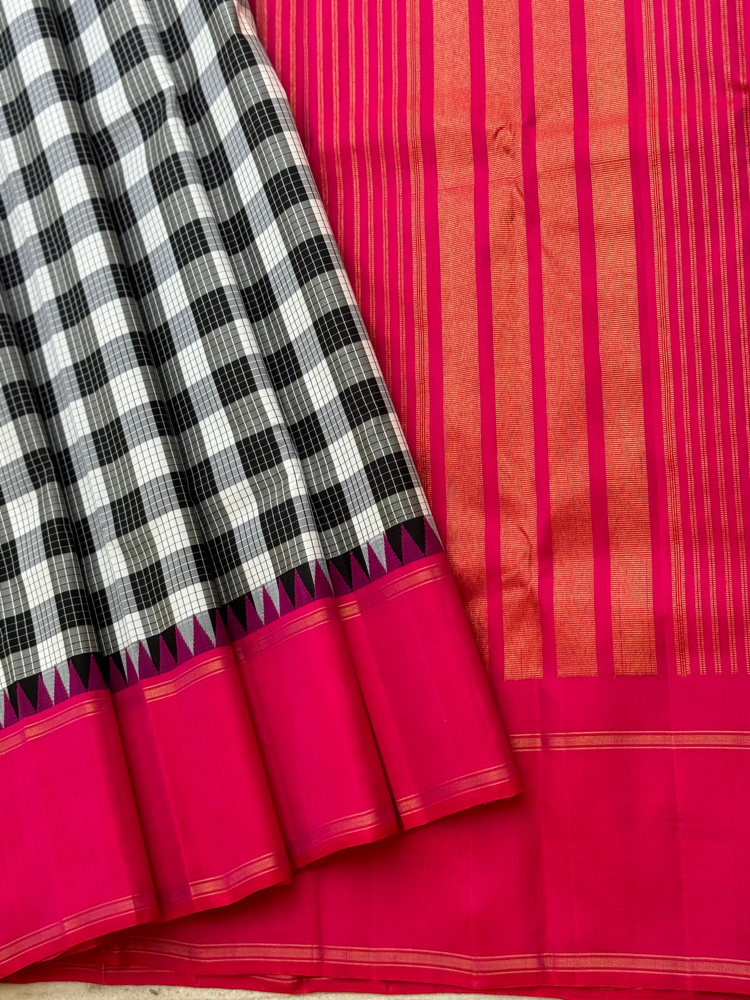 A stunner handwoven no zari burberry or lungi checks Korvai kanchivaram silk saree