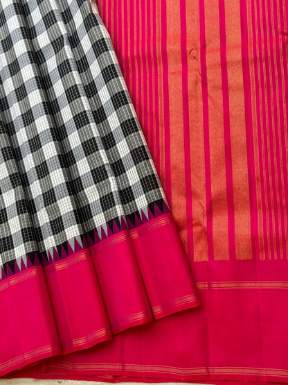 A stunner handwoven no zari burberry or lungi checks Korvai kanchivaram silk saree