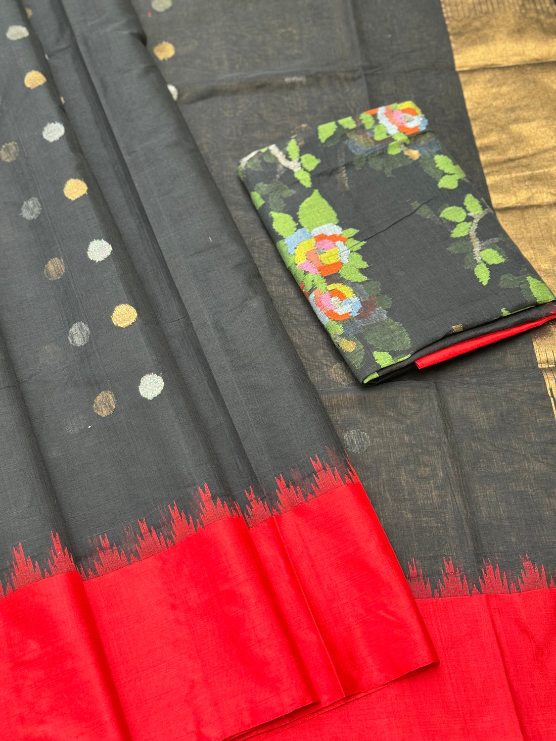 Ponduru Khadhi black red saree with all over jaal weave on blouse