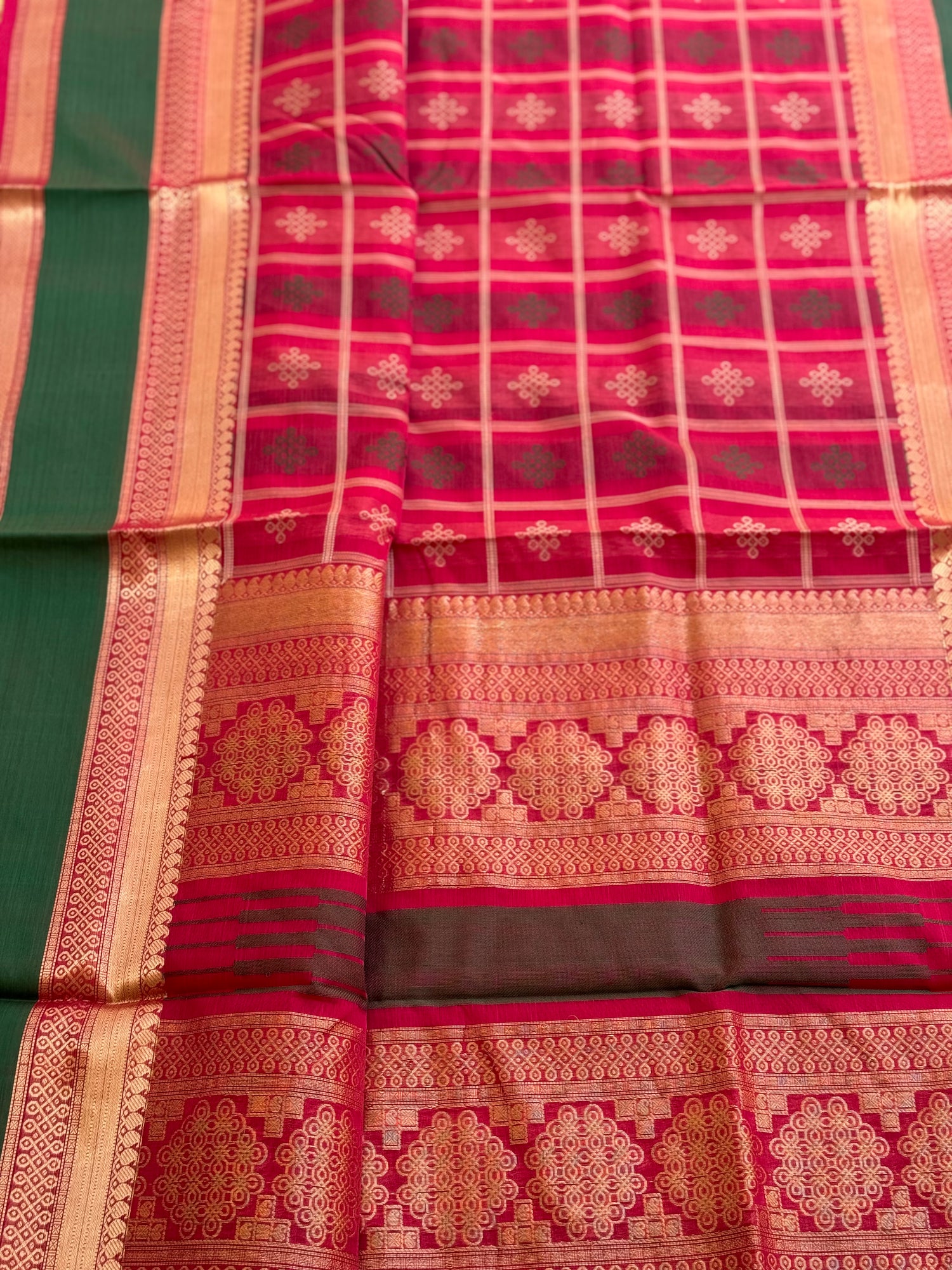 A gorgeous raspberry pink shade handwoven kolam buttas  silk cotton saree