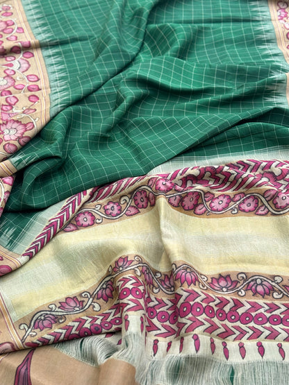 An elegant Handdrawn handpainted penkalamkari on Korvai kanchivaram silk saree withborder penkalamkari