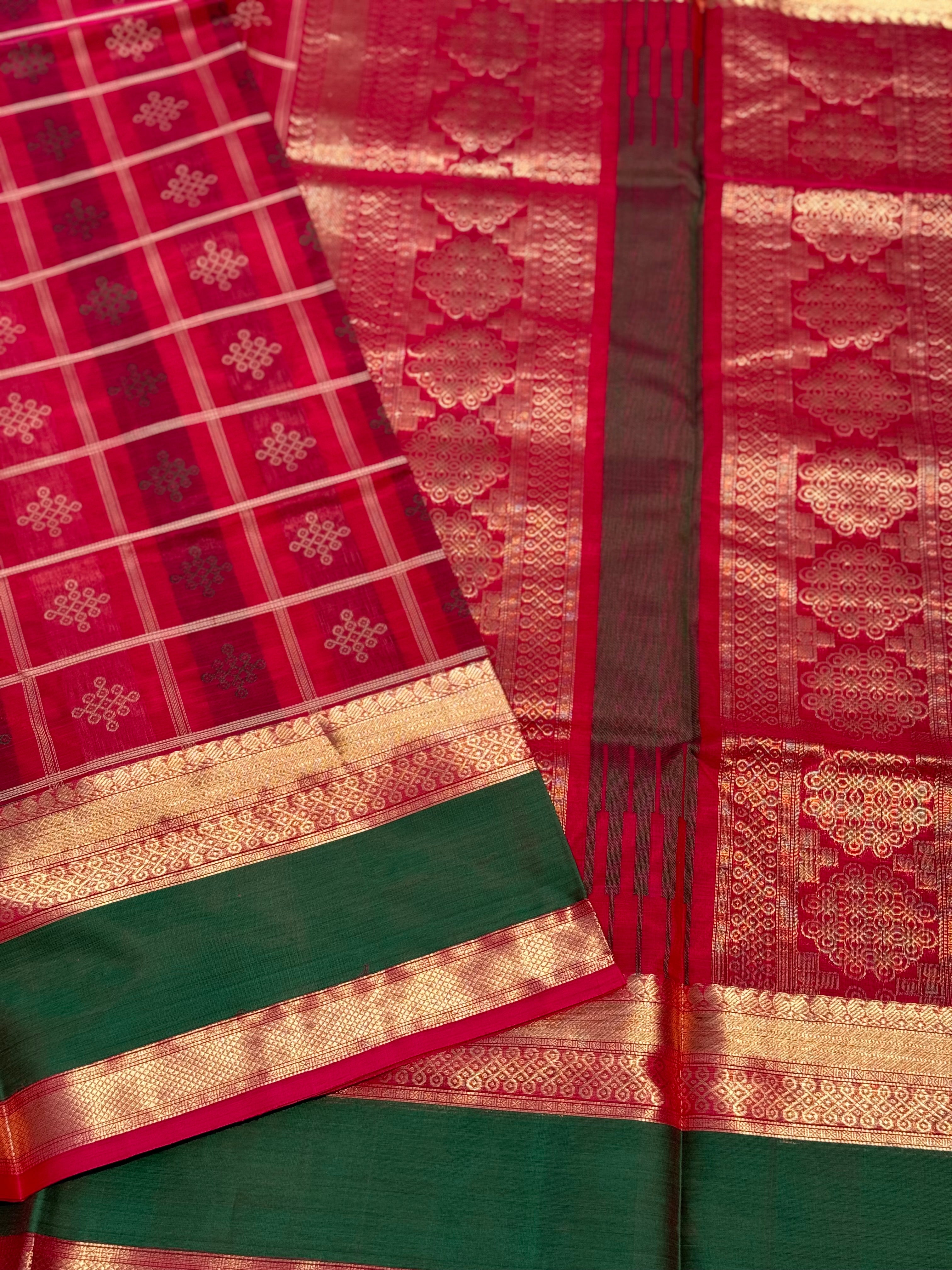 A gorgeous raspberry pink shade handwoven kolam buttas  silk cotton saree