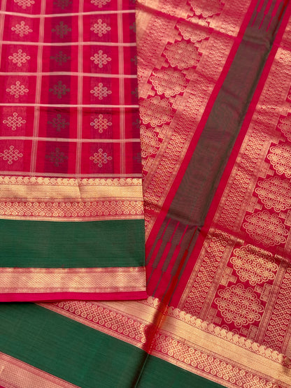 A gorgeous raspberry pink shade handwoven kolam buttas  silk cotton saree