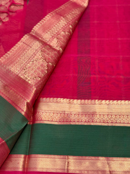 A gorgeous raspberry pink shade handwoven kolam buttas  silk cotton saree