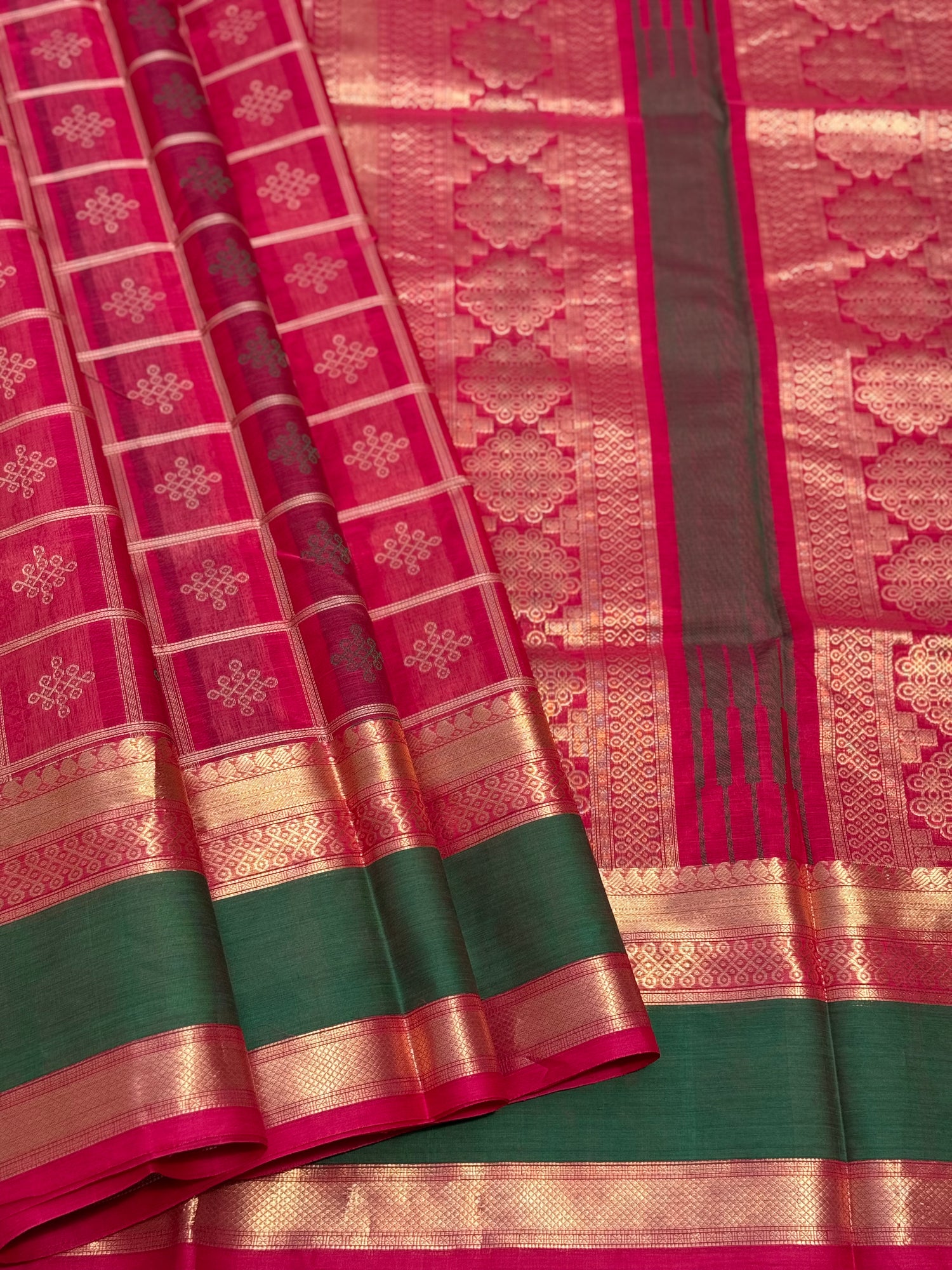 A gorgeous raspberry pink shade handwoven kolam buttas  silk cotton saree