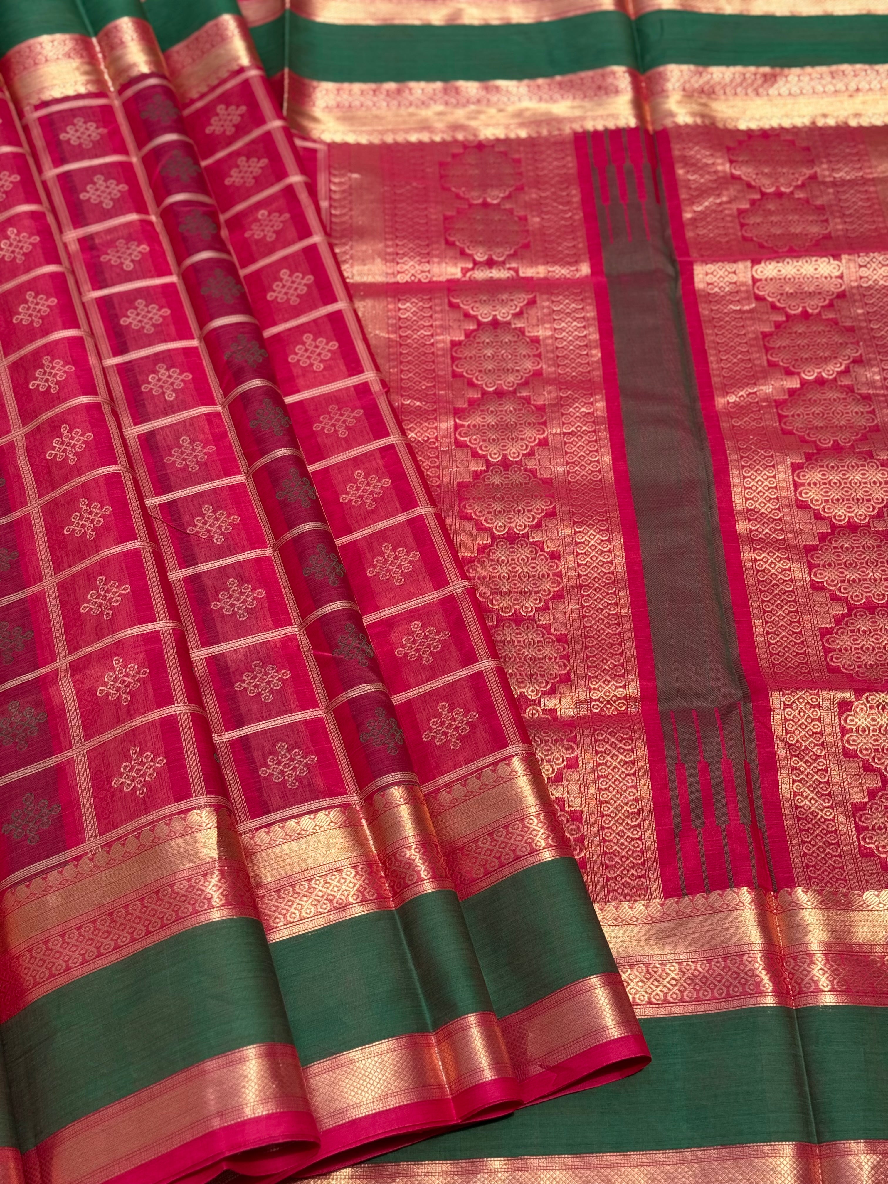 A gorgeous raspberry pink shade handwoven kolam buttas  silk cotton saree