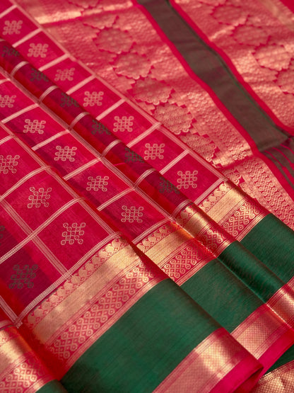 A gorgeous raspberry pink shade handwoven kolam buttas  silk cotton saree