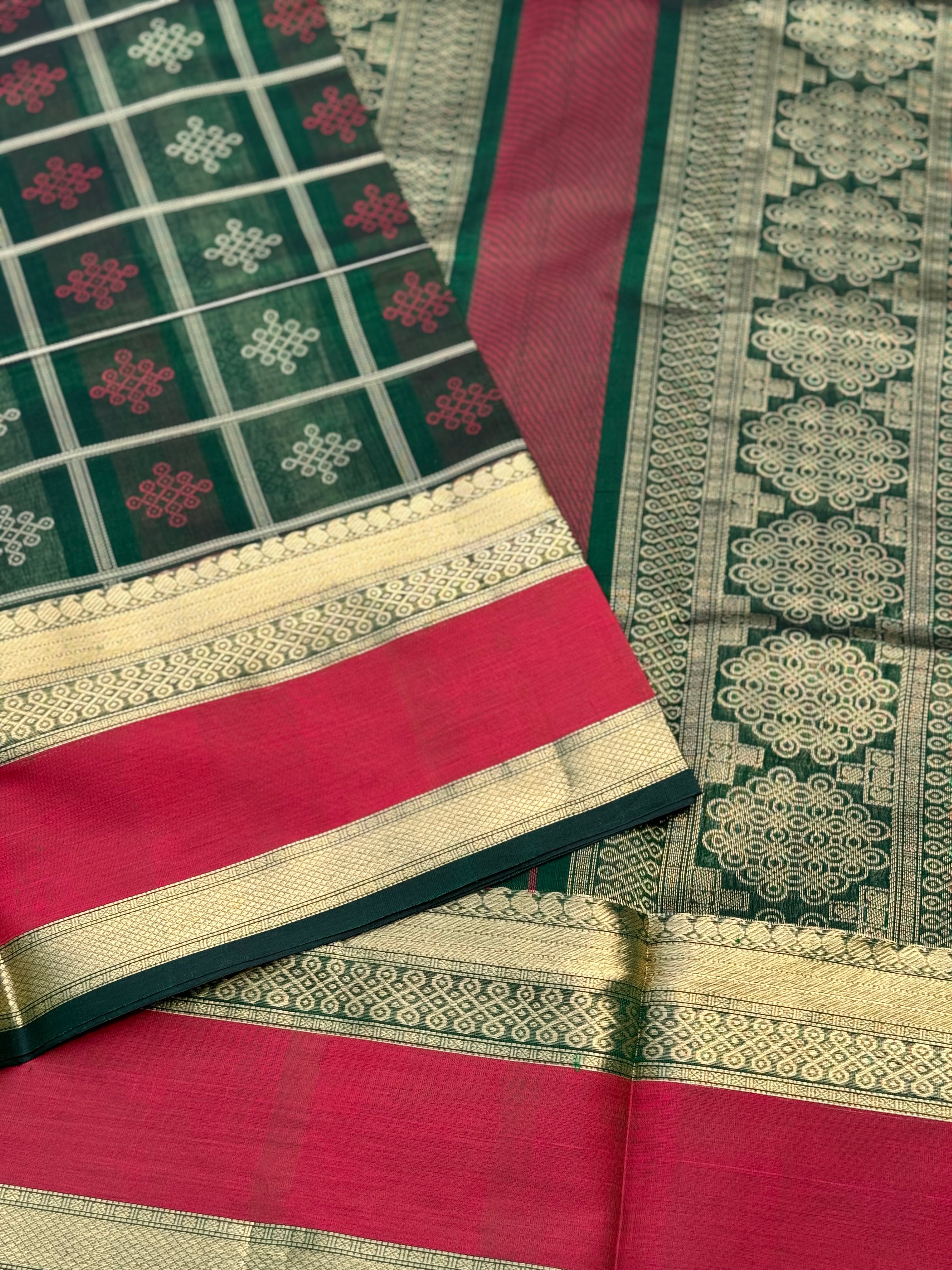 A gorgeous green shade handwoven kolam buttas  silk cotton saree