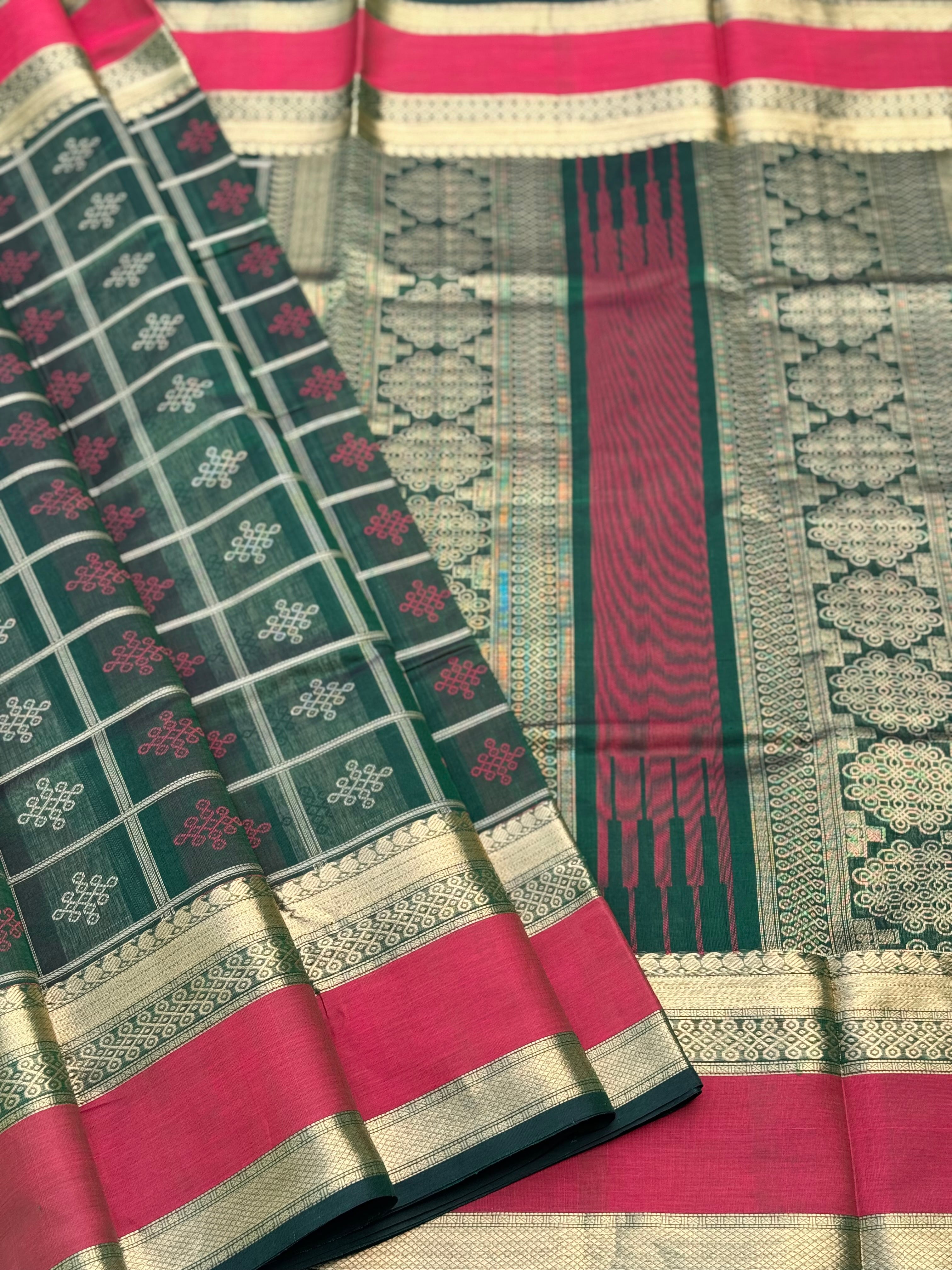 A gorgeous green shade handwoven kolam buttas  silk cotton saree