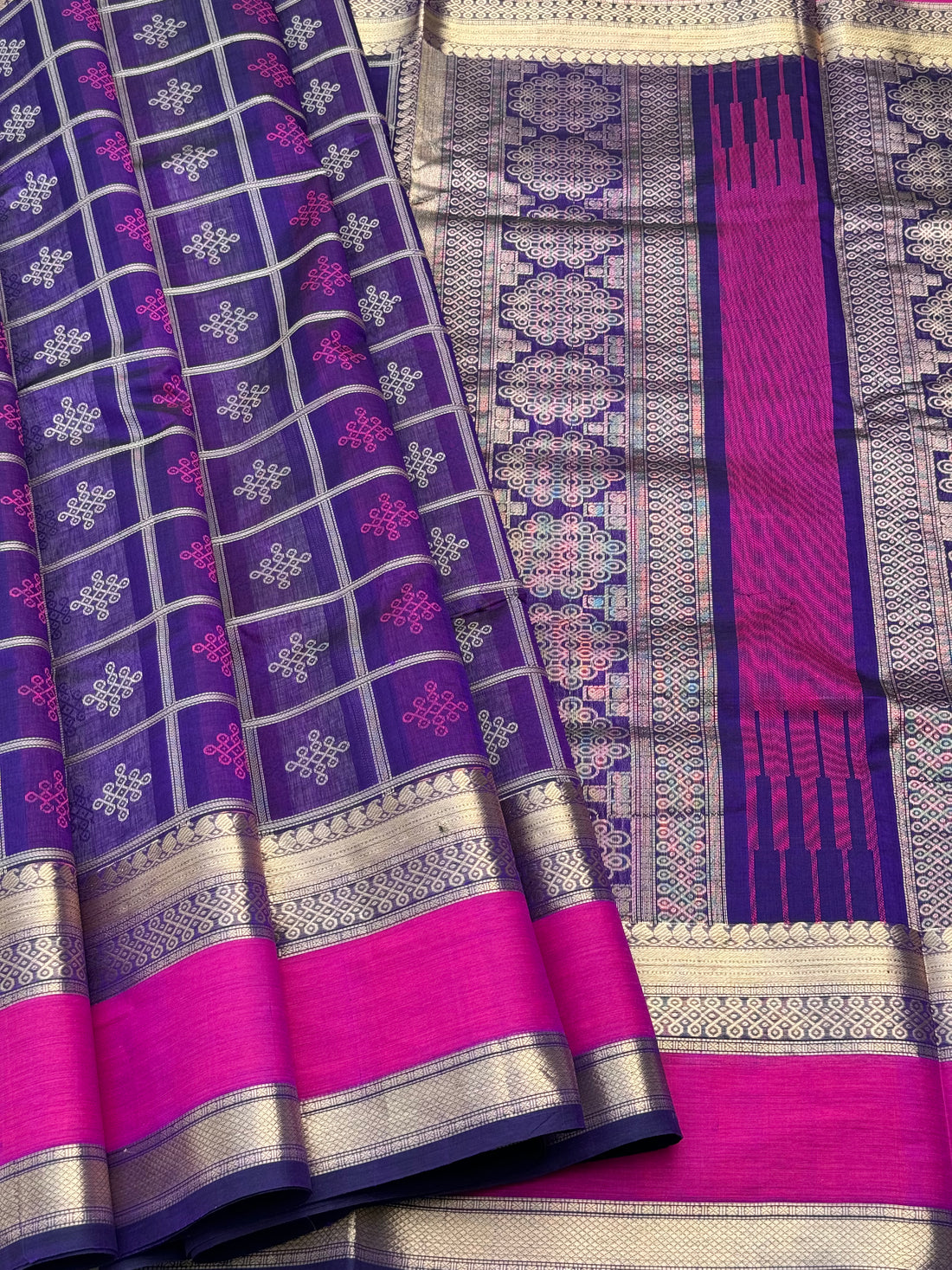 A gorgeous purple shade handwoven kolam buttas  silk cotton saree