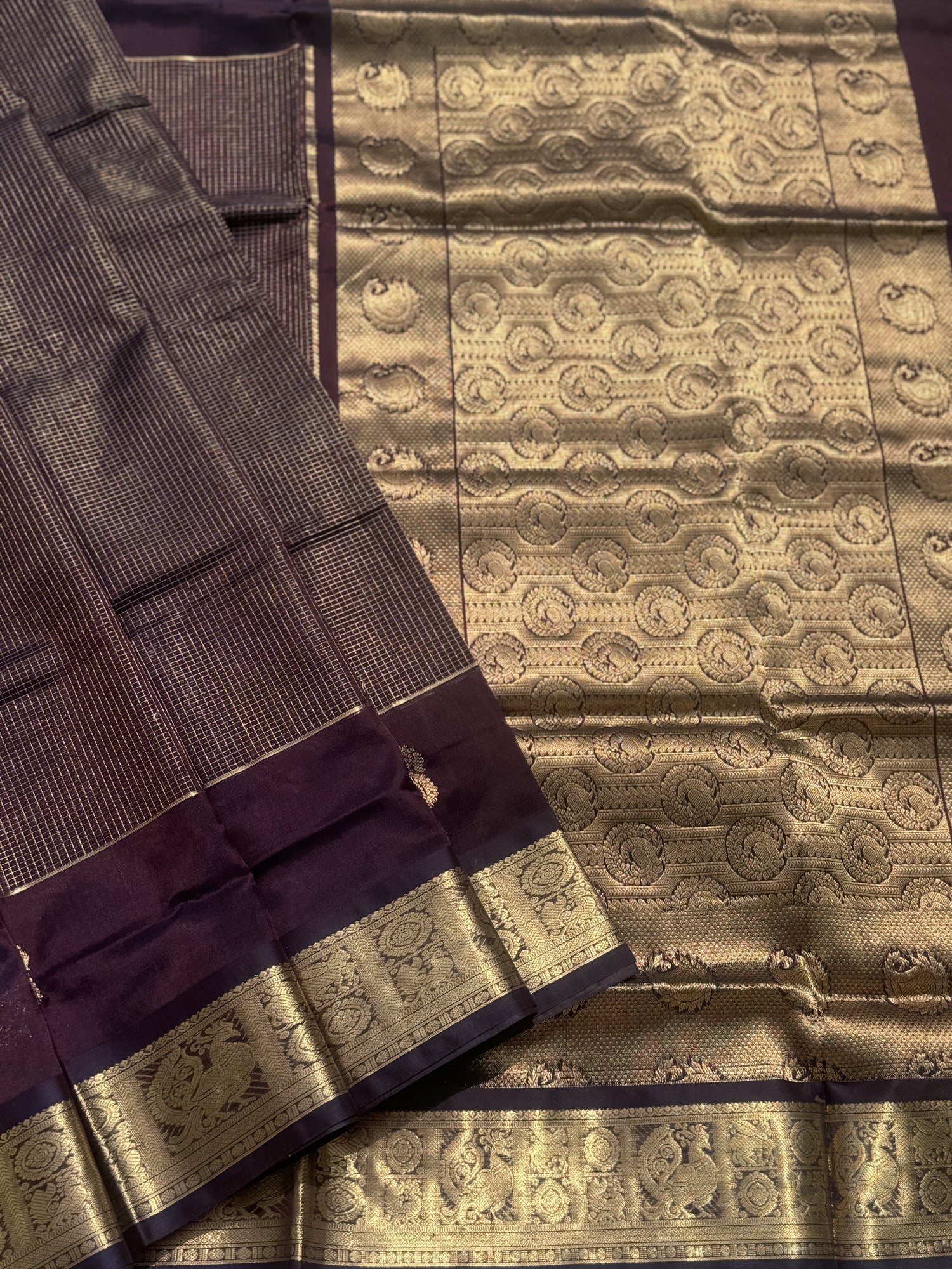 A gorgeous coffee brown zari checks weave handwoven kanchi silk cotton saree