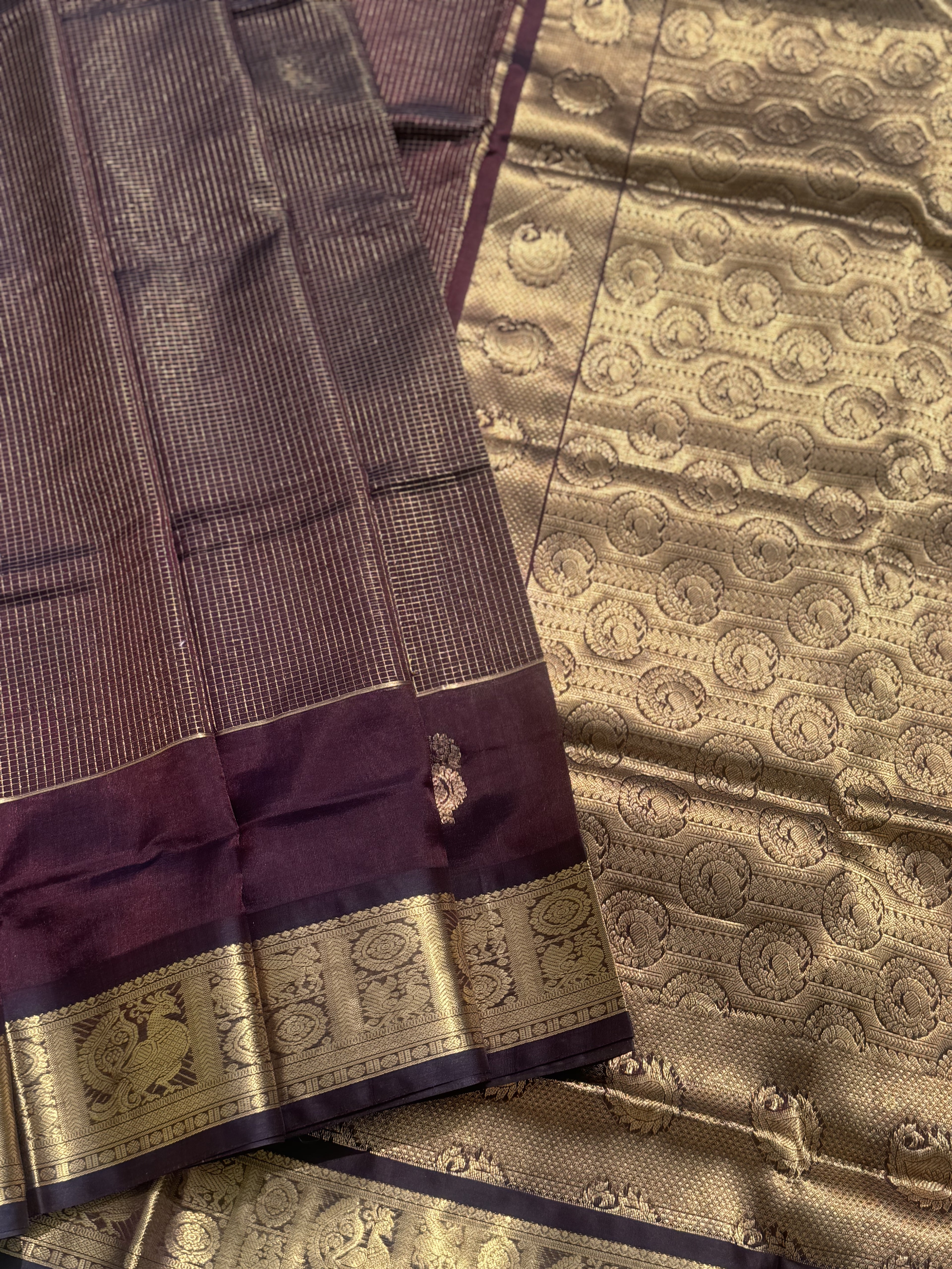 A gorgeous coffee brown zari checks weave handwoven kanchi silk cotton saree