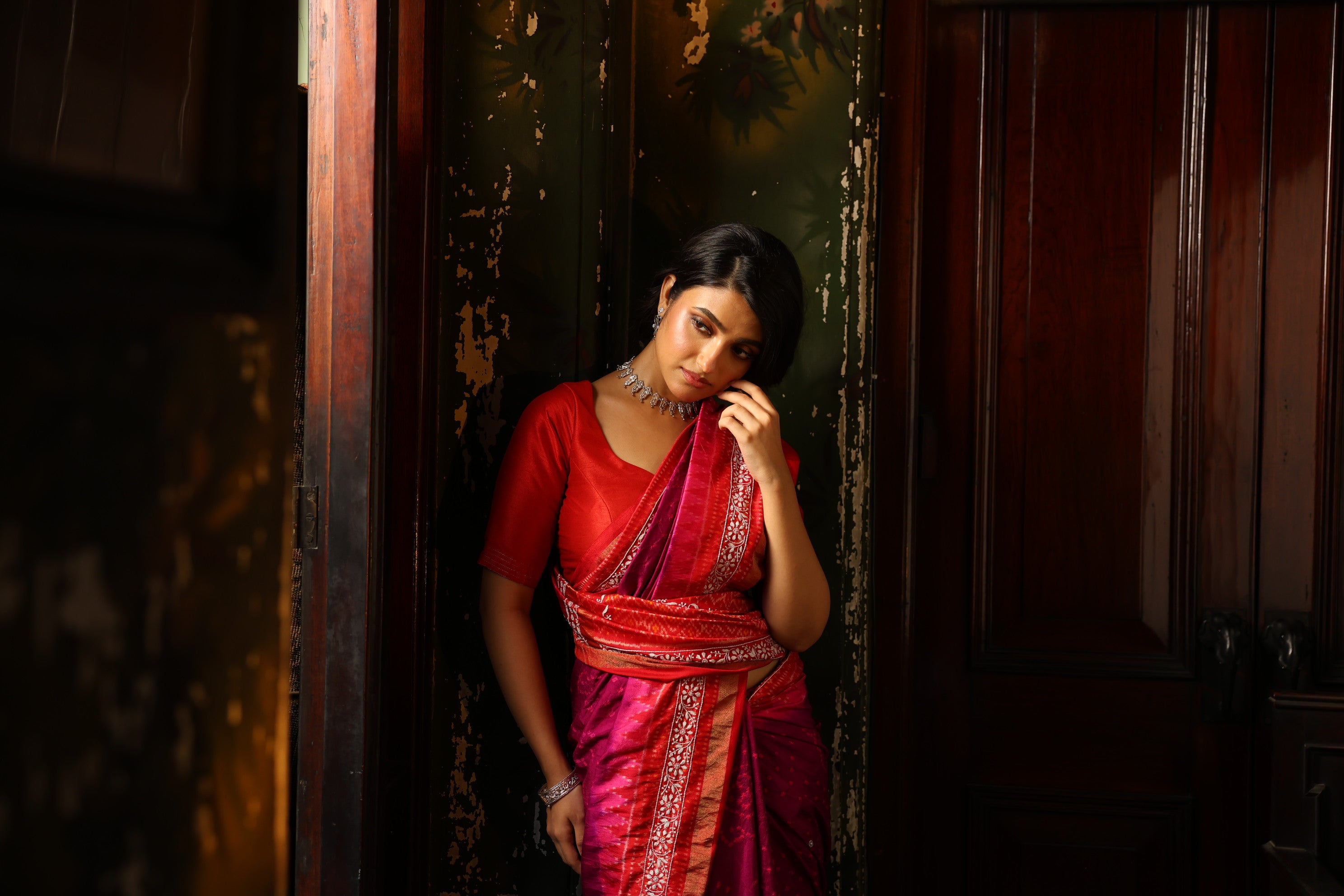 Fusion Rai Bhandej on ikkat silk with hand embroidery Chikankari work