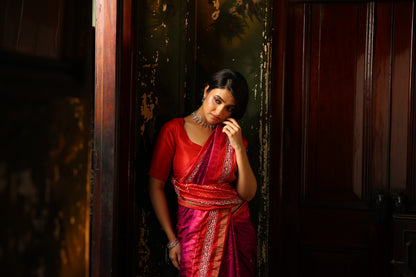 Fusion Rai Bhandej on ikkat silk with hand embroidery Chikankari work